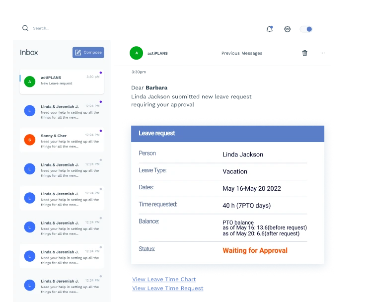 actiPLANS sends you a notification when there's a leave request waiting for your approval